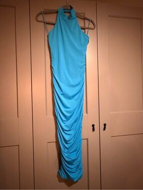 Superdown Sleeveless Turquoise Halter Ruched Maxi Dress